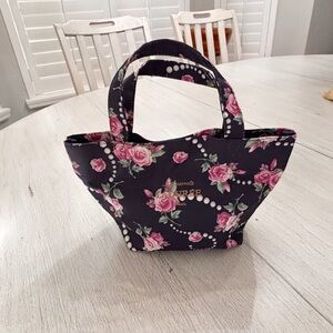 LADURÉE Women’s Black Pink Rose Pearl Print Tote Bag Purse 9.5” X 6.5” X 3.5”